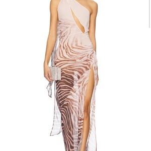 NBD One-Shoulder Sheer Maxi Dress in Blush Zebra Print